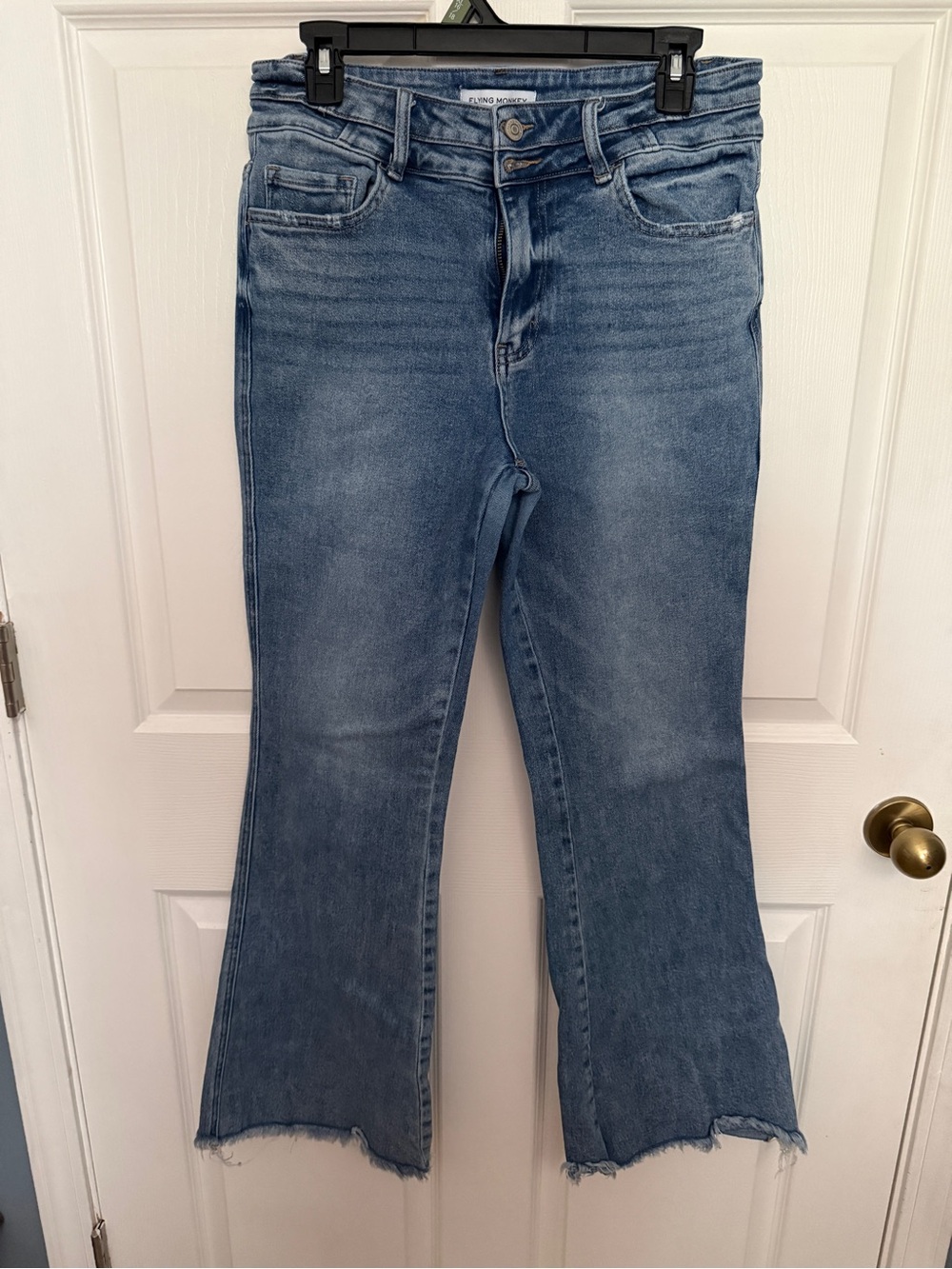 Flying Monkey Mid Blue High-Rise Flare Jeans with Raw Hem